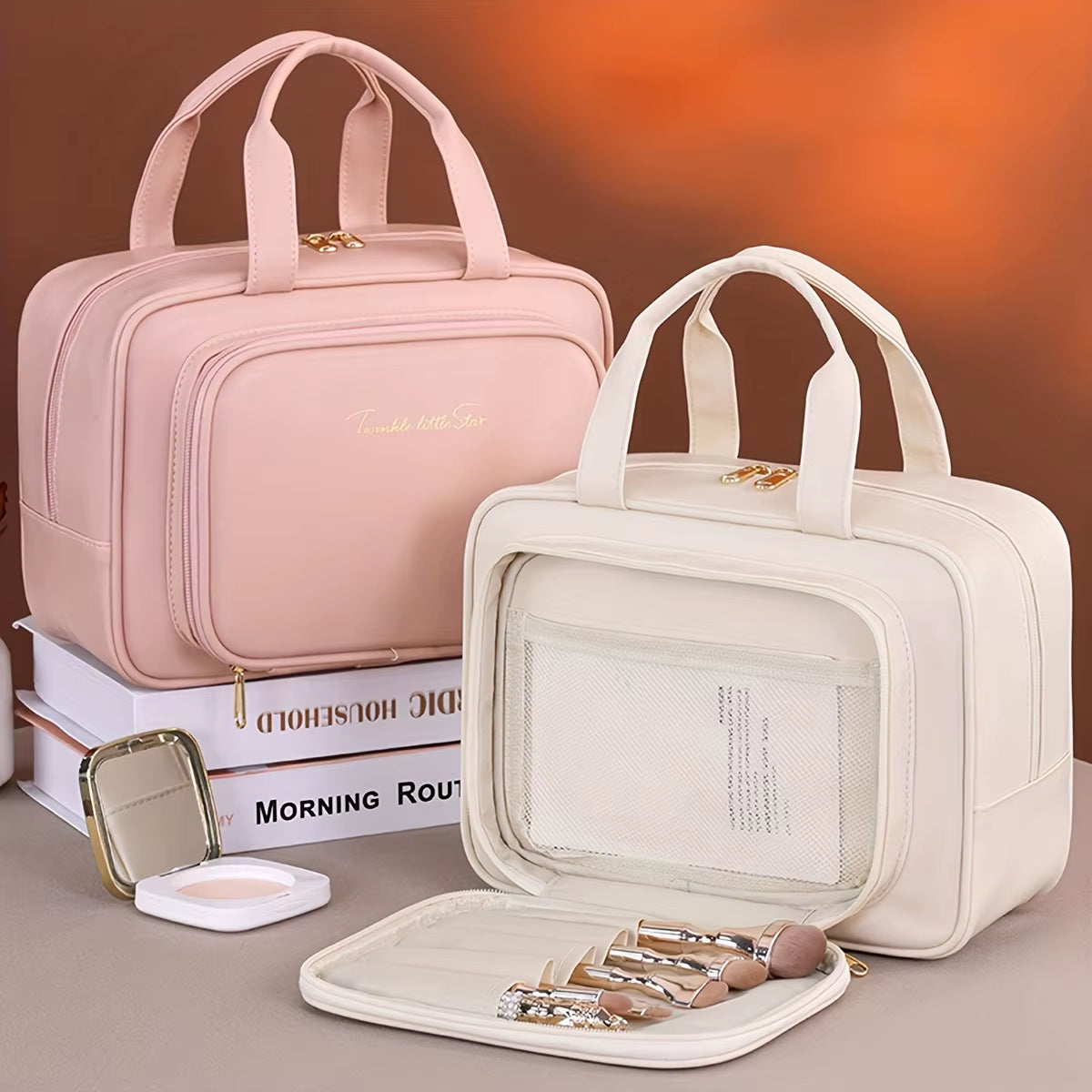 Double-Layer PU Makeup Bag Beauty Makeup Storage Bag with Zipper Close Makeup Brush Bag Business Travel Toiletries Sorting Bag