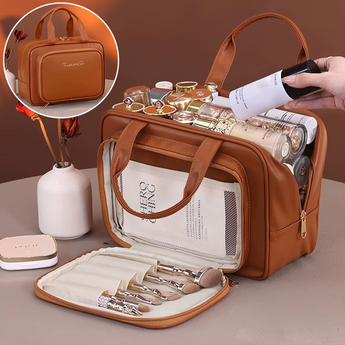 Double-Layer PU Makeup Bag Beauty Makeup Storage Bag with Zipper Close Makeup Brush Bag Business Travel Toiletries Sorting Bag