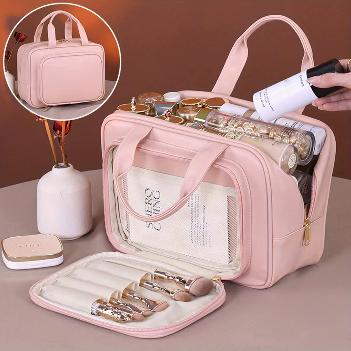 Double-Layer PU Makeup Bag Beauty Makeup Storage Bag with Zipper Close Makeup Brush Bag Business Travel Toiletries Sorting Bag