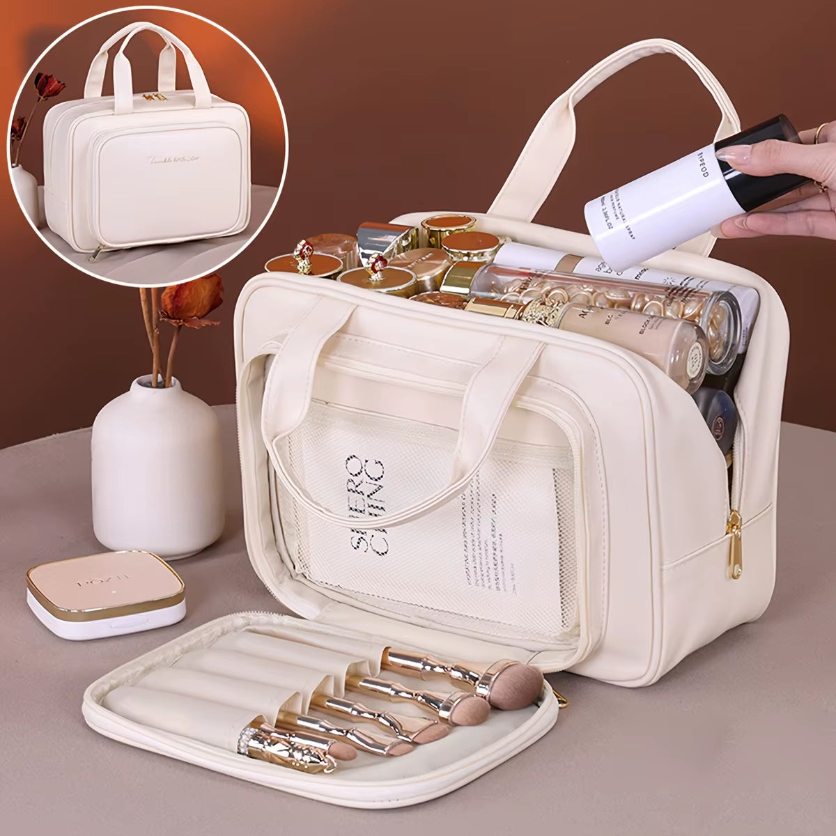 Double-Layer PU Makeup Bag Beauty Makeup Storage Bag with Zipper Close Makeup Brush Bag Business Travel Toiletries Sorting Bag