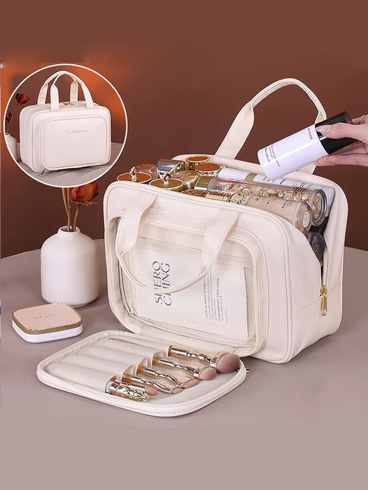 Double-Layer PU Makeup Bag Beauty Makeup Storage Bag with Zipper Close Makeup Brush Bag Business Travel Toiletries Sorting Bag