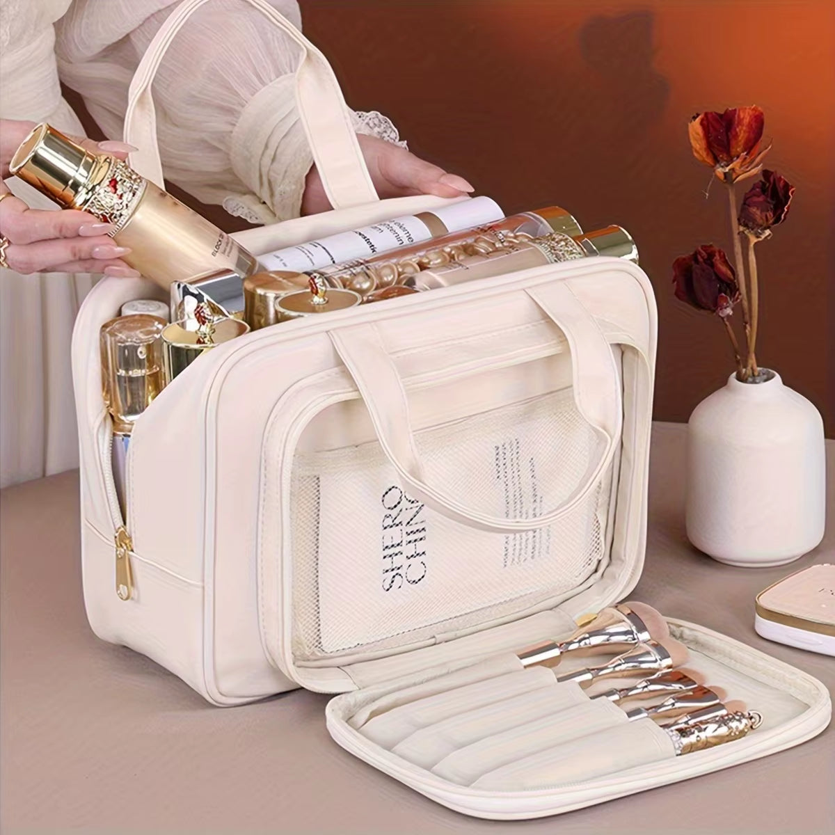 Double-Layer PU Makeup Bag Beauty Makeup Storage Bag with Zipper Close Makeup Brush Bag Business Travel Toiletries Sorting Bag