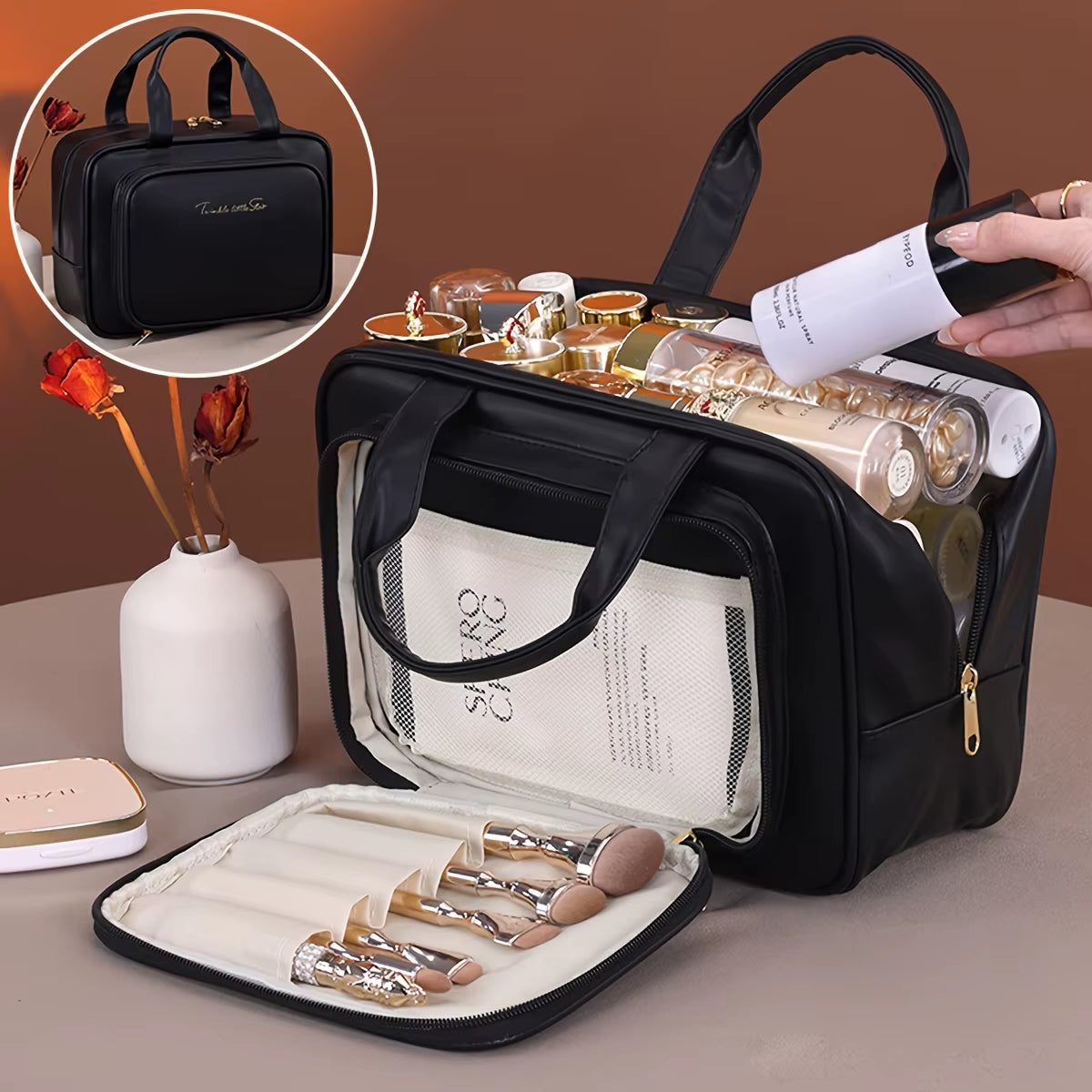 Double-Layer PU Makeup Bag Beauty Makeup Storage Bag with Zipper Close Makeup Brush Bag Business Travel Toiletries Sorting Bag