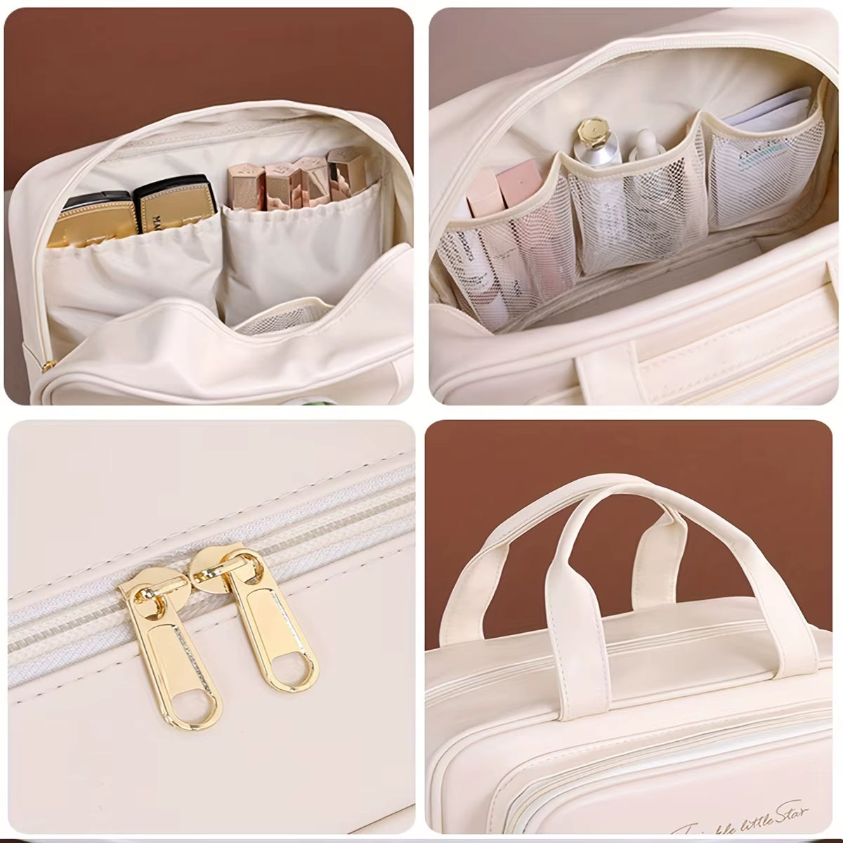 Double-Layer PU Makeup Bag Beauty Makeup Storage Bag with Zipper Close Makeup Brush Bag Business Travel Toiletries Sorting Bag